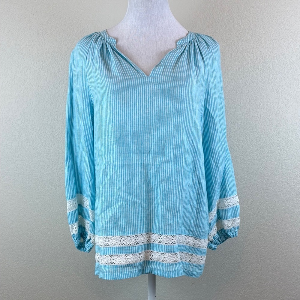 Lauren‎ Ralph Lauren Blue 3/4 Sleeve Laced Blouse 100% Linen Size Small